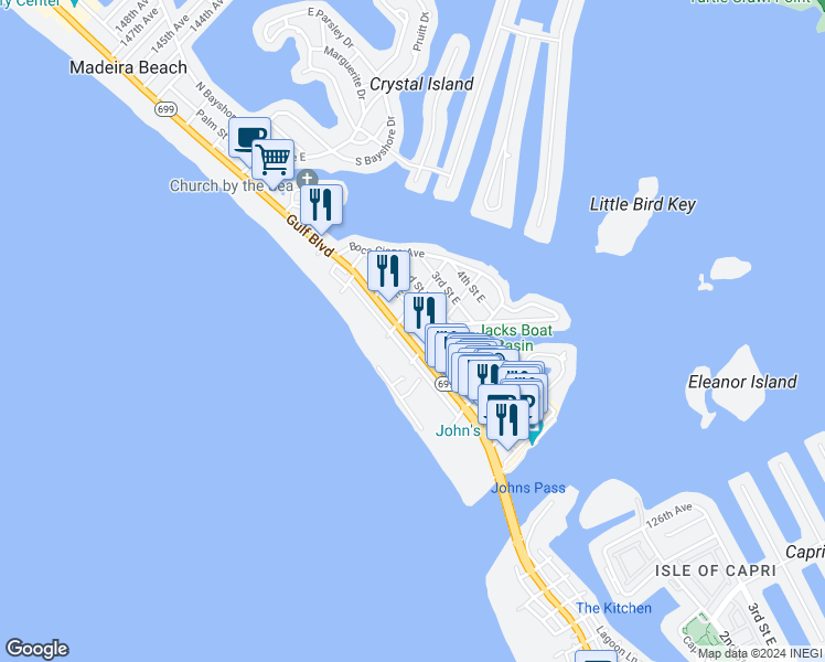 map of restaurants, bars, coffee shops, grocery stores, and more near 13235 Gulf Boulevard in Madeira Beach