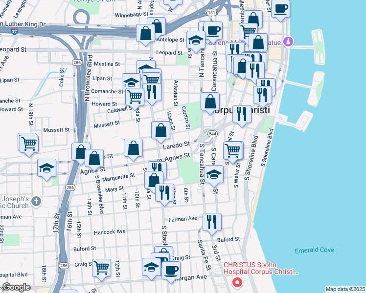 map of restaurants, bars, coffee shops, grocery stores, and more near 911 Laredo Street in Corpus Christi
