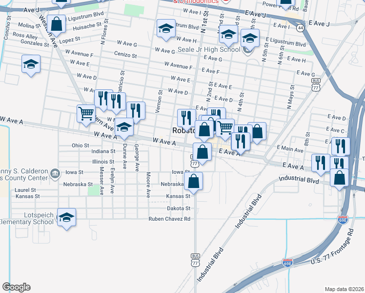 map of restaurants, bars, coffee shops, grocery stores, and more near 100 West Avenue A in Robstown