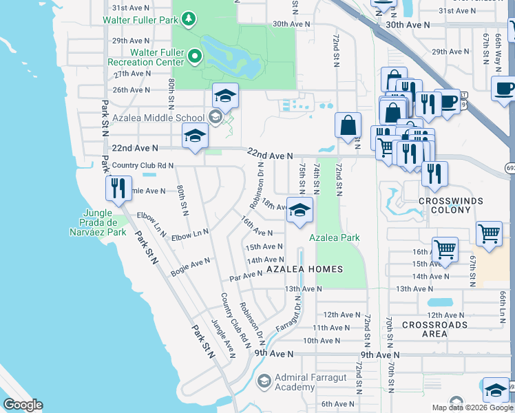 map of restaurants, bars, coffee shops, grocery stores, and more near 1701 Robinson Drive North in St. Petersburg