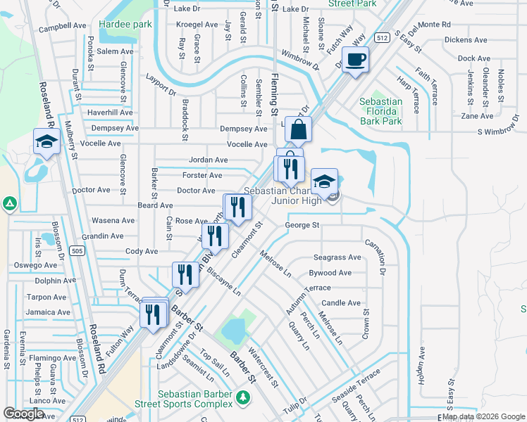 map of restaurants, bars, coffee shops, grocery stores, and more near 798 Clearmont Street in Sebastian
