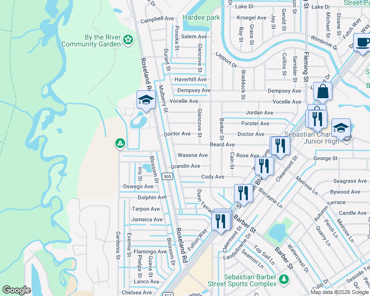 map of restaurants, bars, coffee shops, grocery stores, and more near 881 Beard Avenue in Sebastian