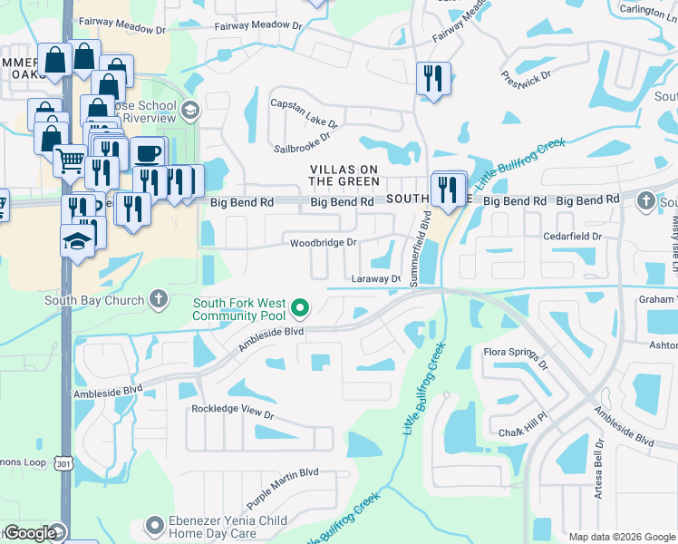 map of restaurants, bars, coffee shops, grocery stores, and more near 13420 Laraway Drive in Riverview