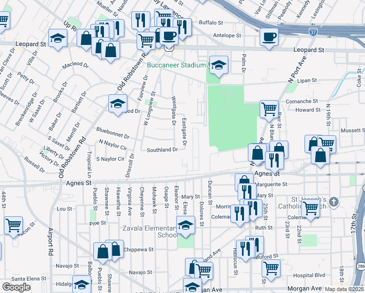 map of restaurants, bars, coffee shops, grocery stores, and more near 213 Eastgate Drive in Corpus Christi