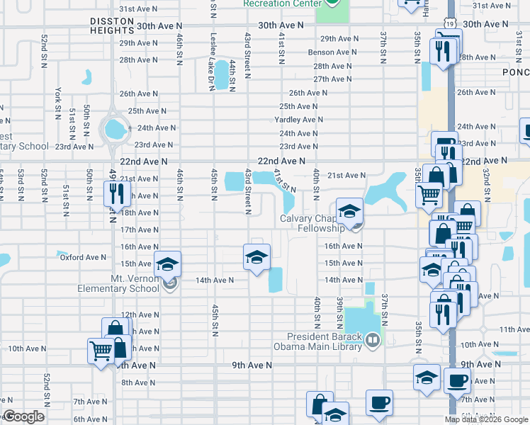 map of restaurants, bars, coffee shops, grocery stores, and more near 1802 42nd Street North in St. Petersburg