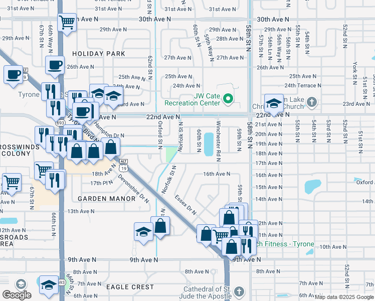 map of restaurants, bars, coffee shops, grocery stores, and more near 1800 60th Way N in St Petersburg