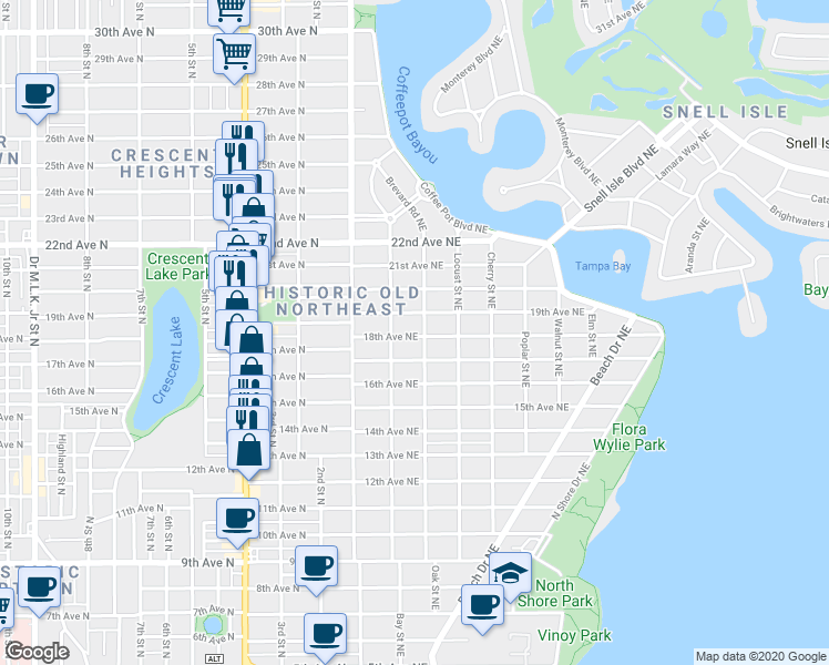 map of restaurants, bars, coffee shops, grocery stores, and more near 251 18th Avenue Northeast in St. Petersburg