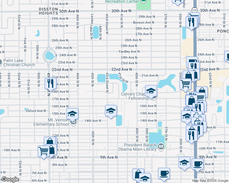 map of restaurants, bars, coffee shops, grocery stores, and more near 1802 42nd Street North in St. Petersburg