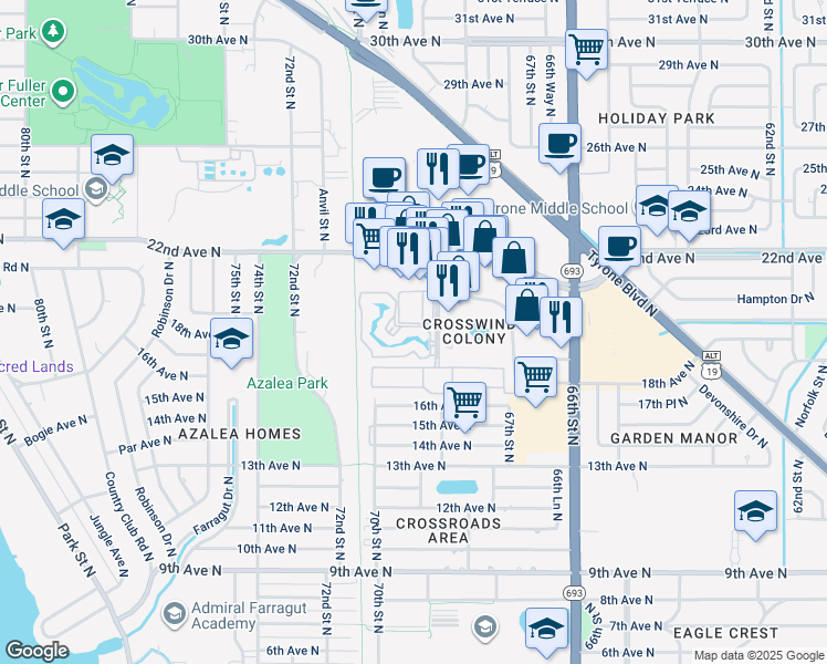 map of restaurants, bars, coffee shops, grocery stores, and more near 6801 Stonesthrow Circle North in St. Petersburg
