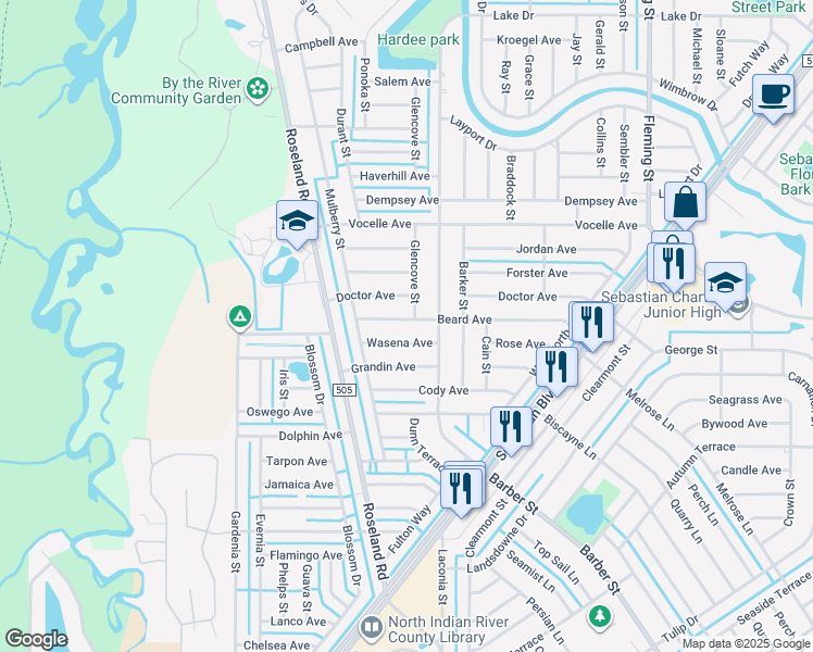 map of restaurants, bars, coffee shops, grocery stores, and more near 833 Beard Avenue in Sebastian