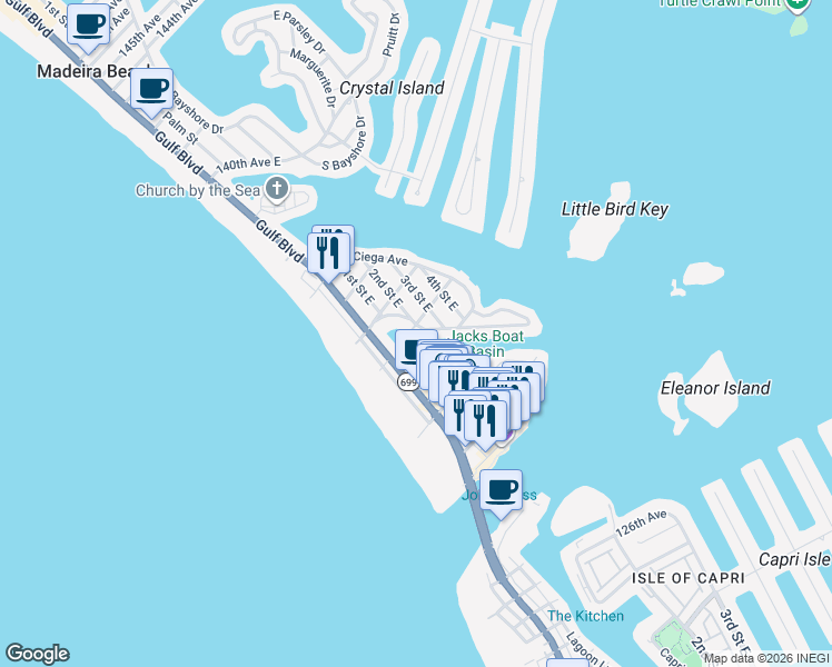 map of restaurants, bars, coffee shops, grocery stores, and more near 225 Boca Ciega Drive in Madeira Beach