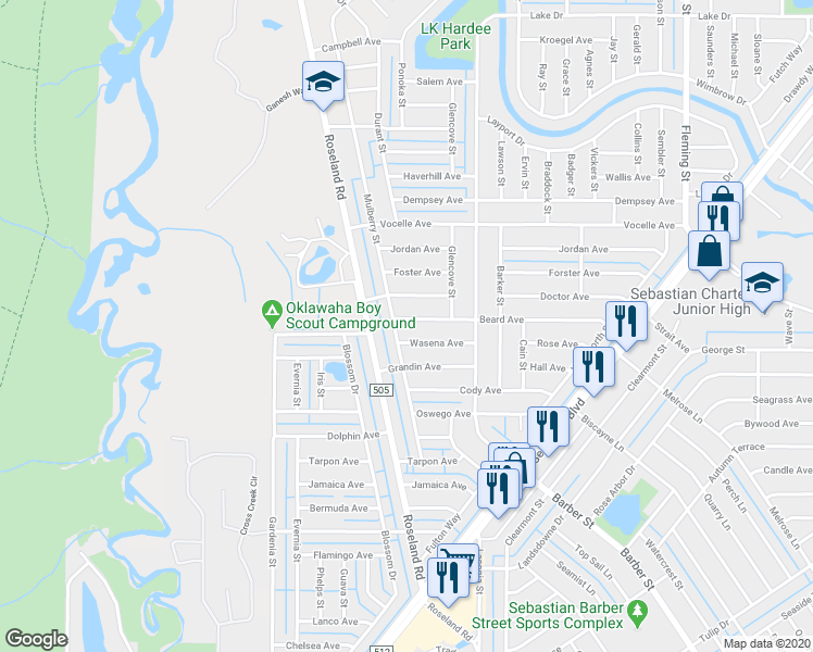 map of restaurants, bars, coffee shops, grocery stores, and more near 881 Beard Avenue in Sebastian