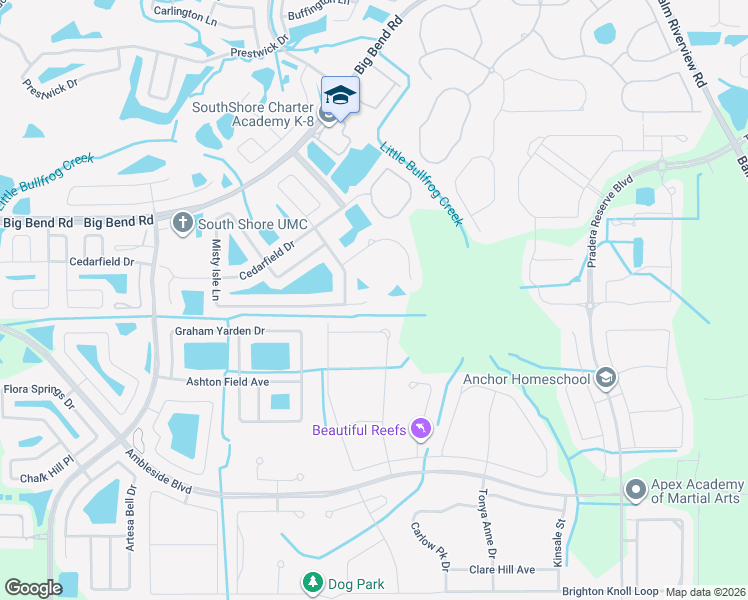 map of restaurants, bars, coffee shops, grocery stores, and more near 11614 Misty Isle Lane in Riverview