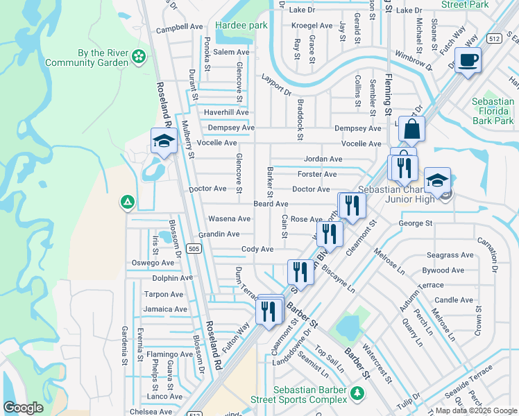 map of restaurants, bars, coffee shops, grocery stores, and more near 801 Barber Street in Sebastian