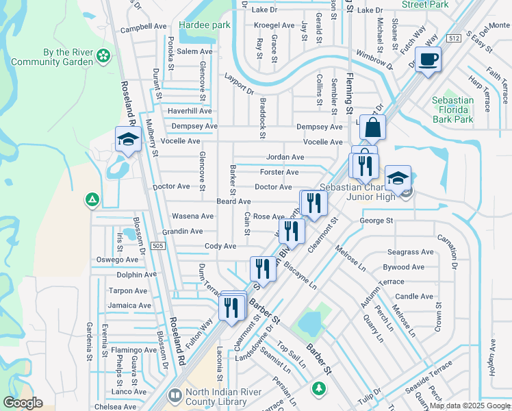 map of restaurants, bars, coffee shops, grocery stores, and more near 757 Beard Avenue in Sebastian