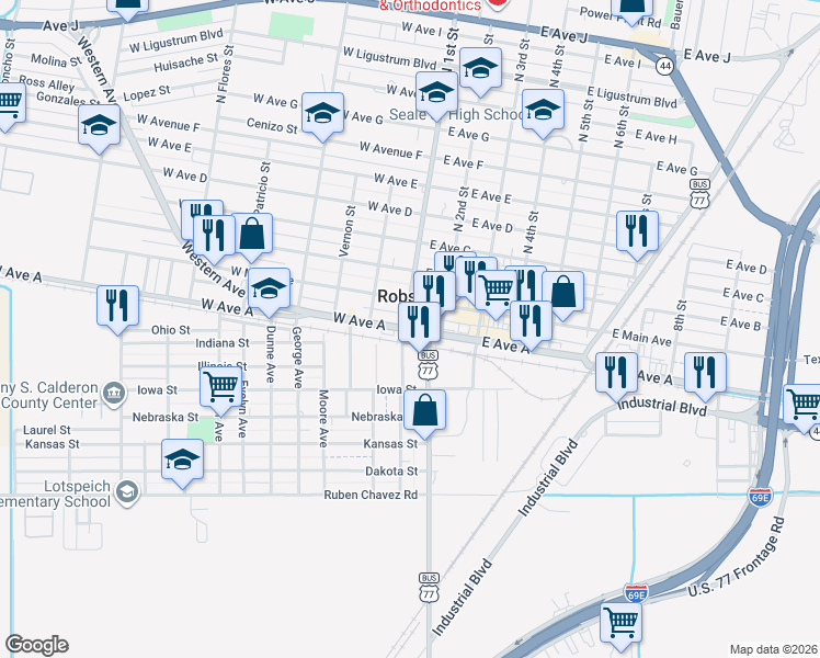 map of restaurants, bars, coffee shops, grocery stores, and more near 100 West Avenue A in Robstown