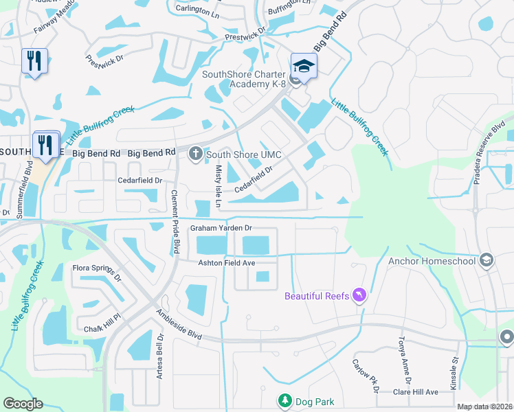 map of restaurants, bars, coffee shops, grocery stores, and more near 11542 Misty Isle Lane in Riverview