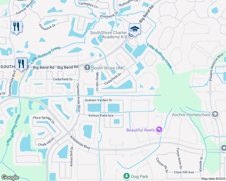 map of restaurants, bars, coffee shops, grocery stores, and more near 11542 Misty Isle Lane in Riverview