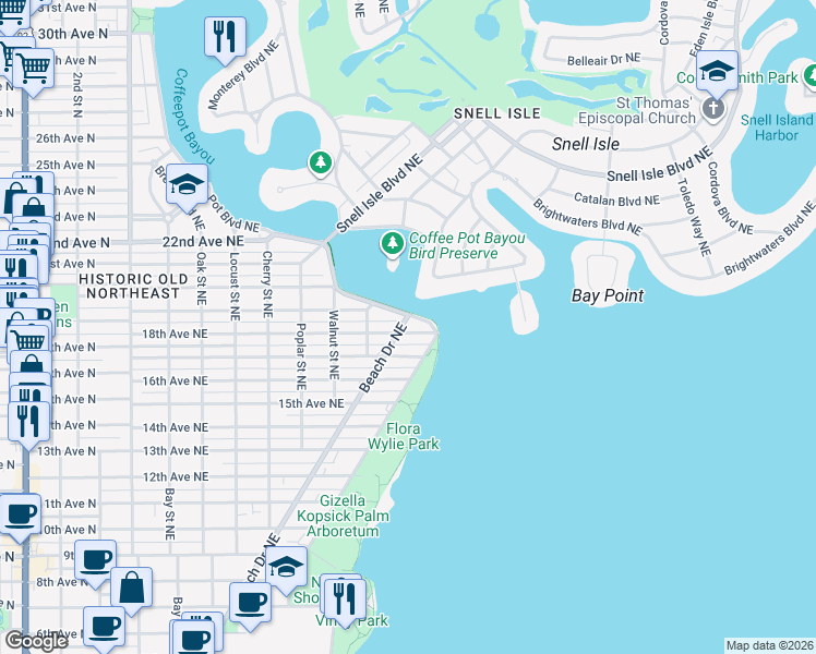 map of restaurants, bars, coffee shops, grocery stores, and more near 1800 North Shore Drive Northeast in St. Petersburg
