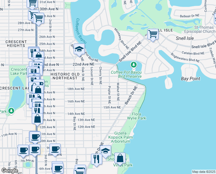 map of restaurants, bars, coffee shops, grocery stores, and more near 605 18th Avenue Northeast in St. Petersburg