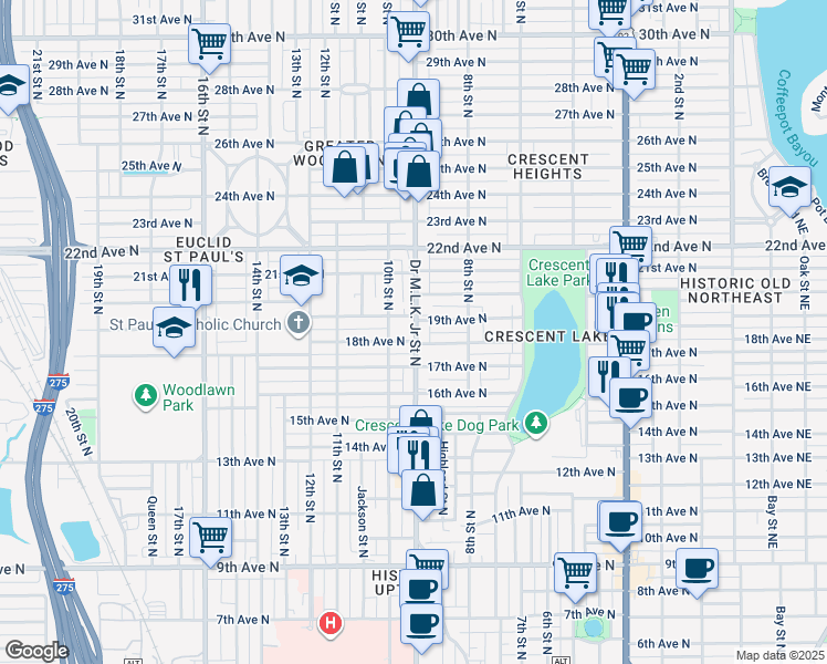 map of restaurants, bars, coffee shops, grocery stores, and more near 1800 Doctor Martin Luther King Junior Street North in St. Petersburg