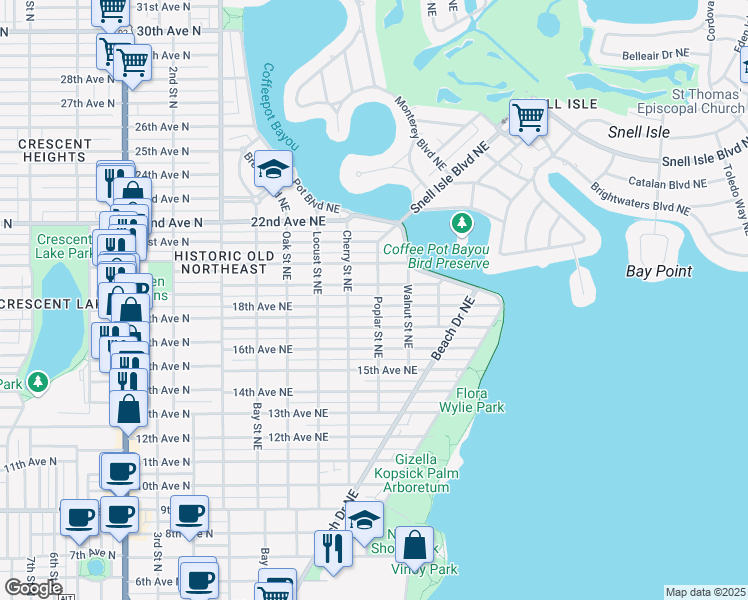 map of restaurants, bars, coffee shops, grocery stores, and more near 605 18th Avenue Northeast in St. Petersburg