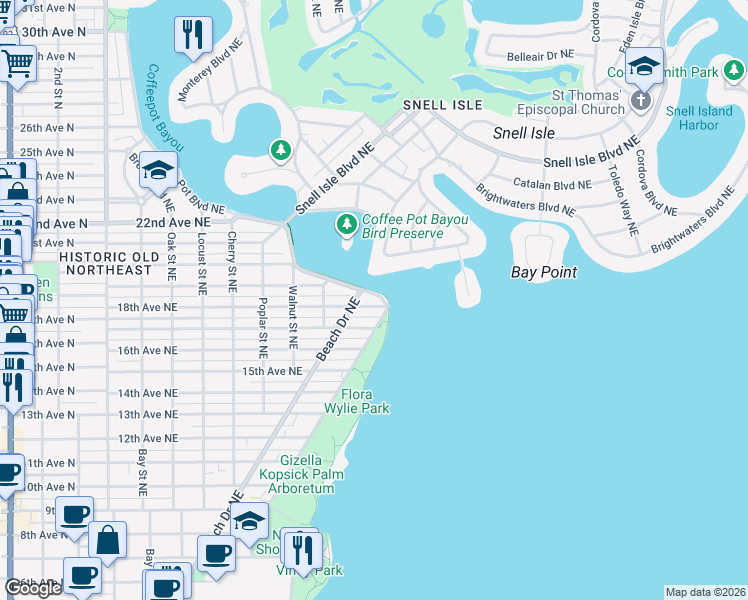 map of restaurants, bars, coffee shops, grocery stores, and more near 1800 North Shore Drive Northeast in St. Petersburg