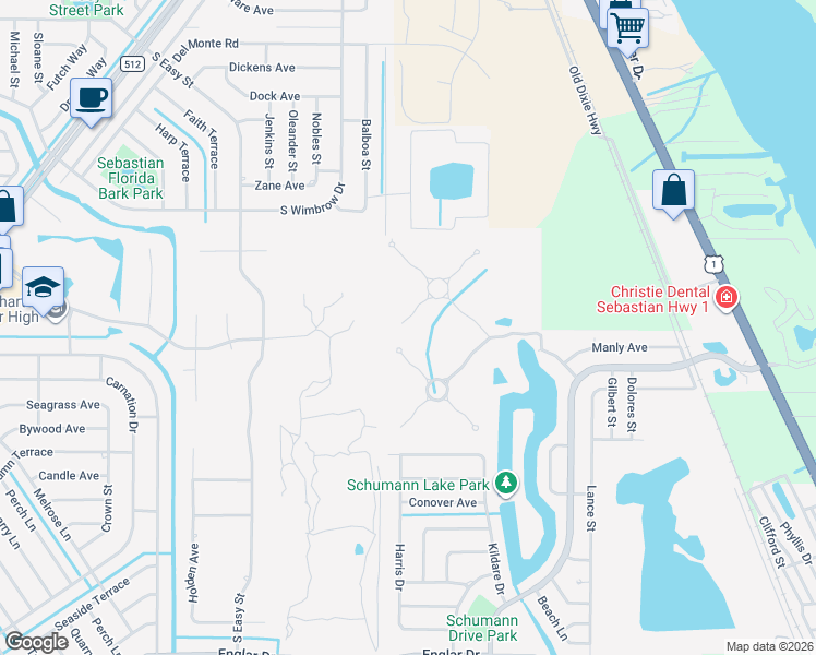 map of restaurants, bars, coffee shops, grocery stores, and more near 109 Night Hawk Way in Sebastian
