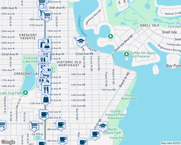 map of restaurants, bars, coffee shops, grocery stores, and more near 1800 Locust Street Northeast in St. Petersburg