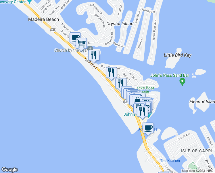 map of restaurants, bars, coffee shops, grocery stores, and more near 13336 Gulf Lane in Madeira Beach
