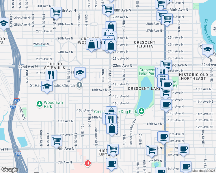 map of restaurants, bars, coffee shops, grocery stores, and more near 1800 Doctor Martin Luther King Junior Street North in St. Petersburg