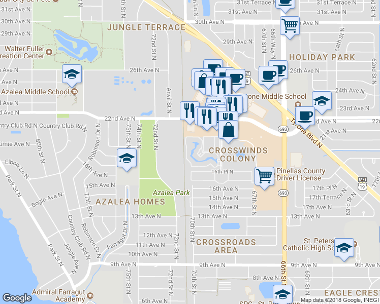map of restaurants, bars, coffee shops, grocery stores, and more near 6908 Stonesthrow Circle North in St. Petersburg
