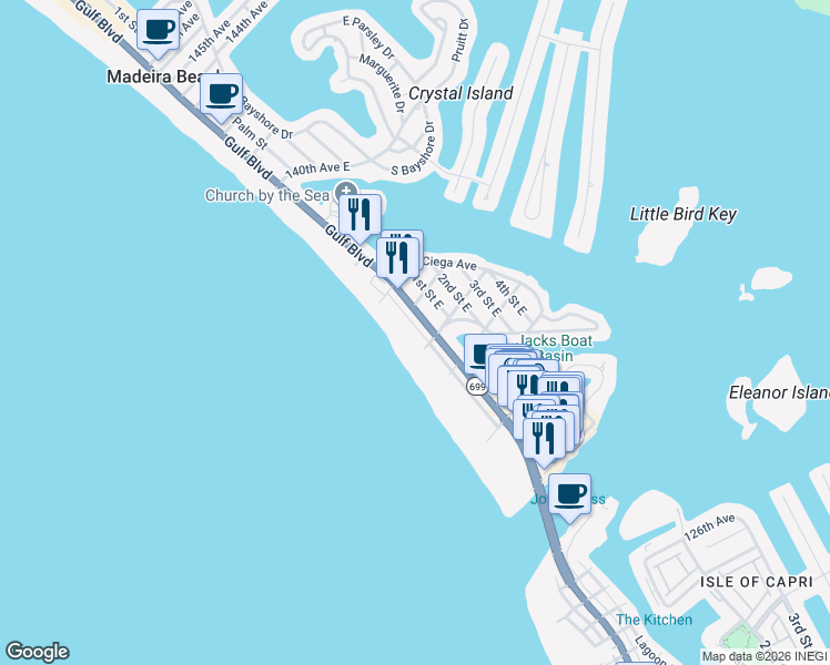 map of restaurants, bars, coffee shops, grocery stores, and more near 13336 Gulf Lane in Madeira Beach