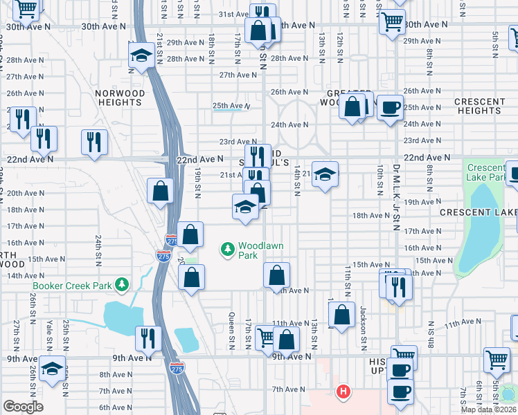 map of restaurants, bars, coffee shops, grocery stores, and more near 1636 18th Avenue North in St. Petersburg