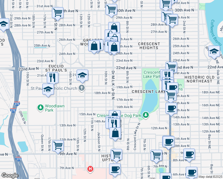 map of restaurants, bars, coffee shops, grocery stores, and more near 1800 Doctor Martin Luther King Junior Street North in St. Petersburg