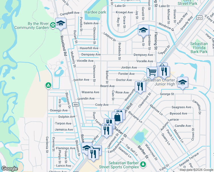 map of restaurants, bars, coffee shops, grocery stores, and more near 801 Barber Street in Sebastian