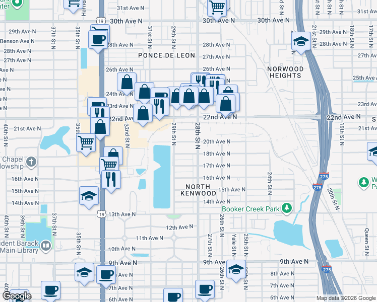 map of restaurants, bars, coffee shops, grocery stores, and more near 2852 18th Avenue North in St. Petersburg