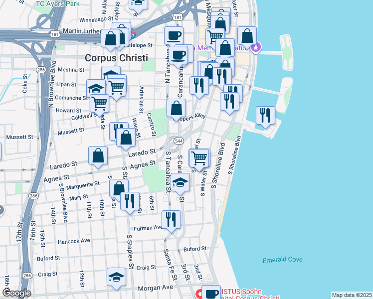 map of restaurants, bars, coffee shops, grocery stores, and more near 417 South Upper Broadway in Corpus Christi
