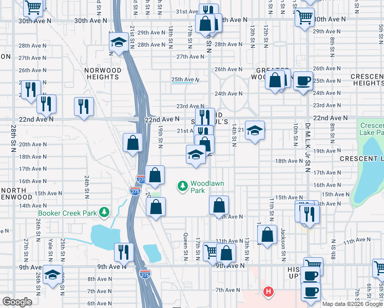 map of restaurants, bars, coffee shops, grocery stores, and more near 1636 18th Avenue North in St. Petersburg