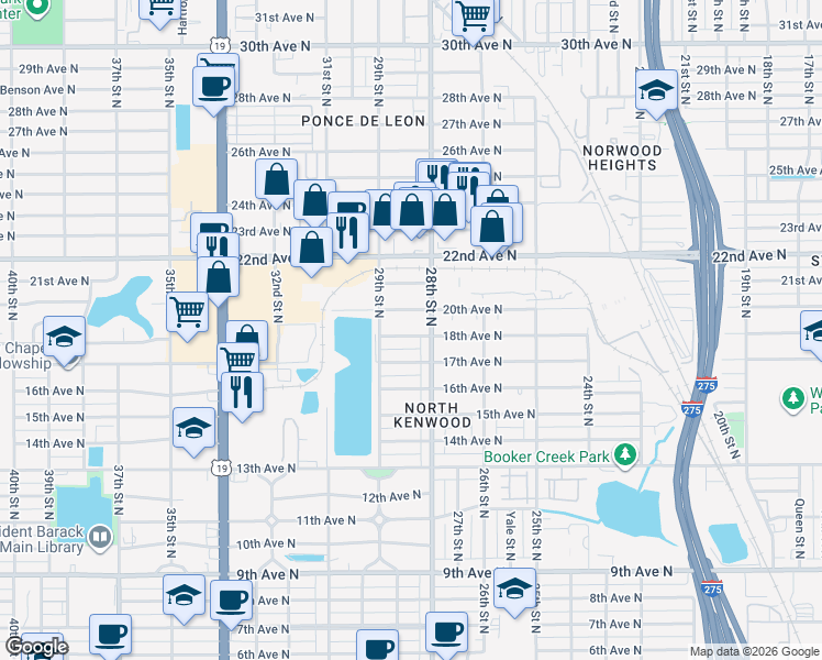 map of restaurants, bars, coffee shops, grocery stores, and more near 2852 18th Avenue North in St. Petersburg