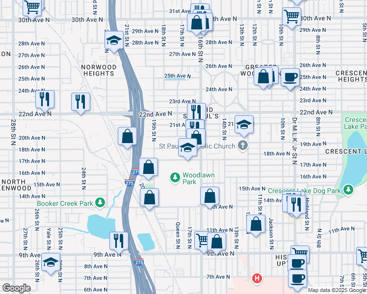 map of restaurants, bars, coffee shops, grocery stores, and more near 1636 18th Avenue North in St. Petersburg