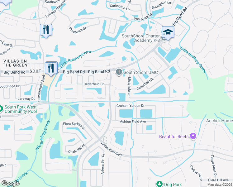 map of restaurants, bars, coffee shops, grocery stores, and more near 13308 Amber Sky Place in Riverview