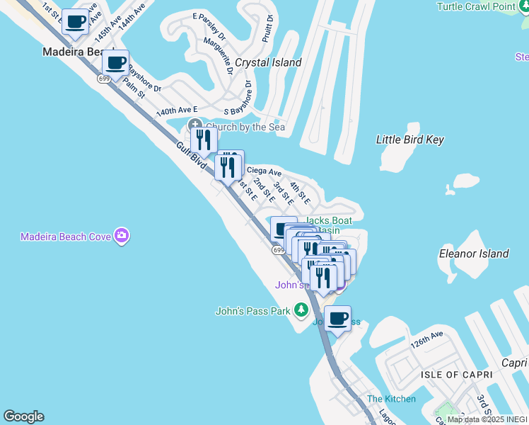 map of restaurants, bars, coffee shops, grocery stores, and more near 55 Boca Ciega Drive in Madeira Beach