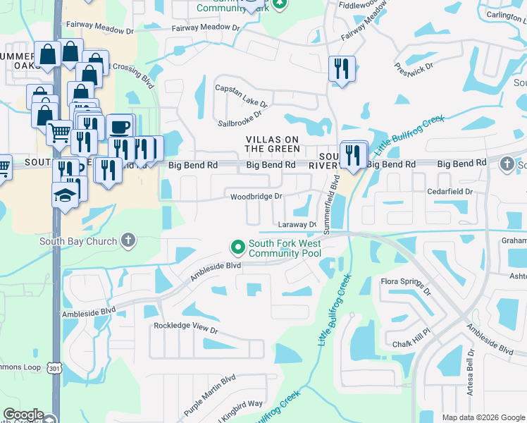 map of restaurants, bars, coffee shops, grocery stores, and more near 13637 Laraway Drive in Riverview