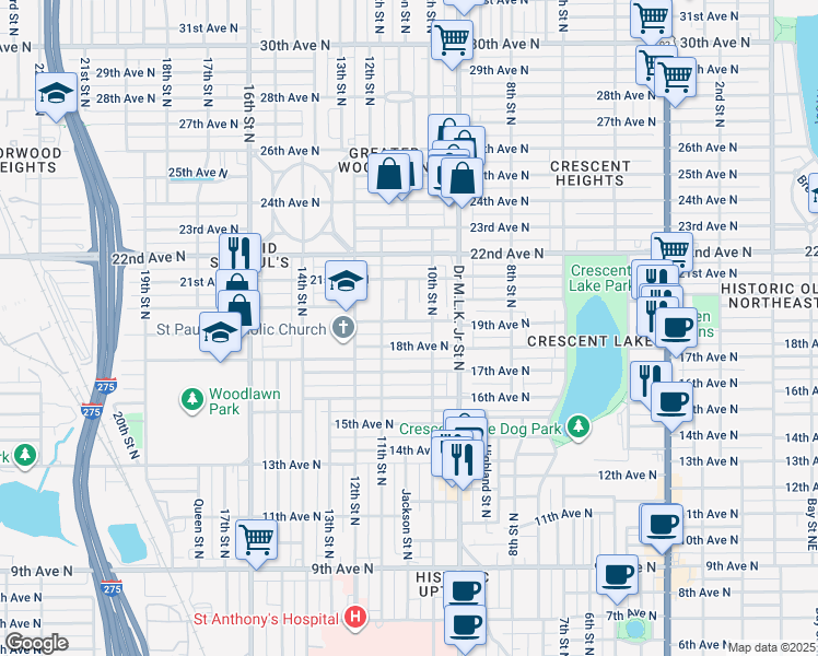 map of restaurants, bars, coffee shops, grocery stores, and more near 1037 18th Avenue North in St. Petersburg