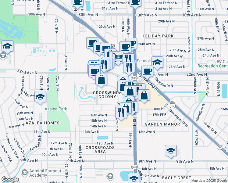 map of restaurants, bars, coffee shops, grocery stores, and more near 6700 Crosswinds Drive North in St. Petersburg