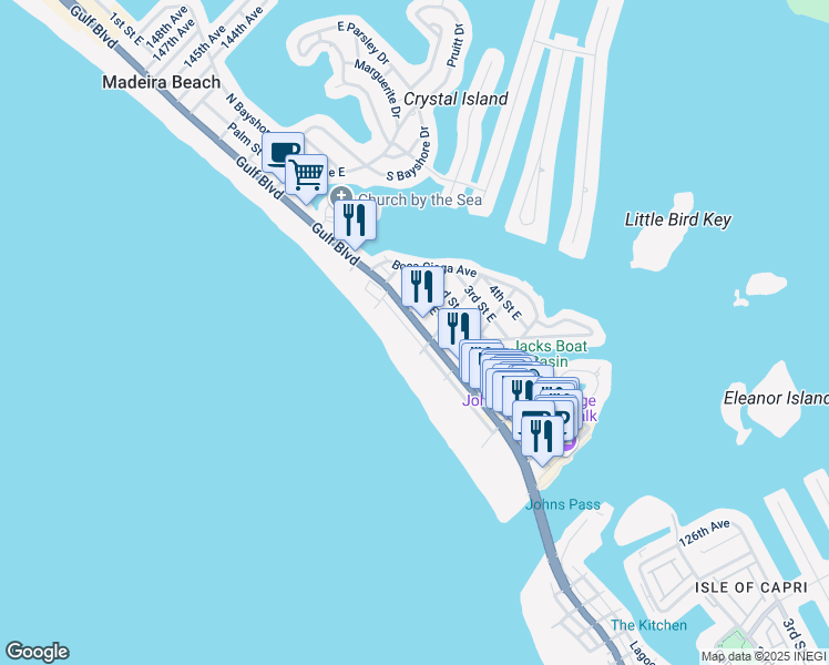 map of restaurants, bars, coffee shops, grocery stores, and more near 13336 Gulf Lane in Madeira Beach