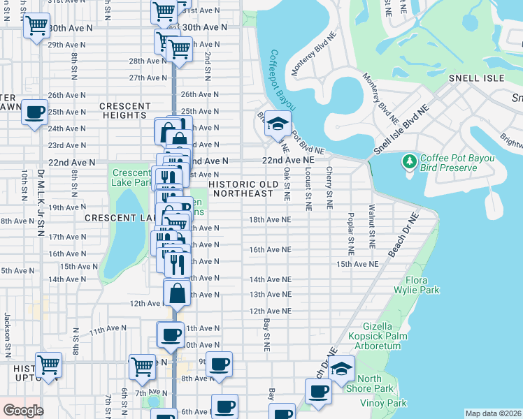 map of restaurants, bars, coffee shops, grocery stores, and more near 145 18th Avenue Northeast in St. Petersburg