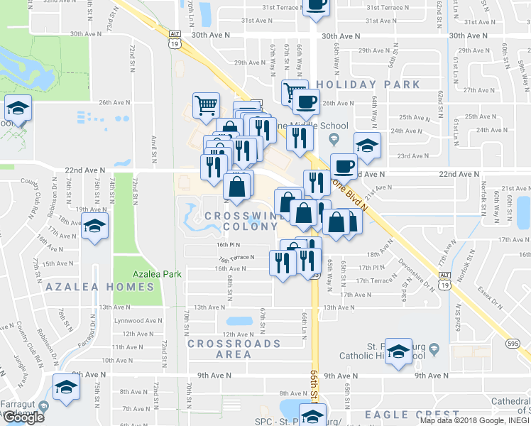 map of restaurants, bars, coffee shops, grocery stores, and more near 6700 Crosswinds Drive North in St. Petersburg