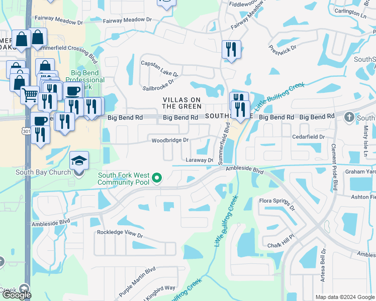 map of restaurants, bars, coffee shops, grocery stores, and more near 11111 Cherrywood Lane in Riverview